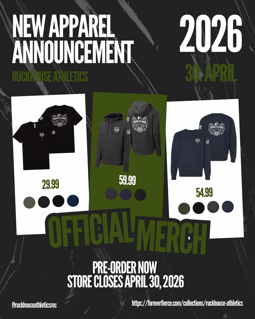 Ruckhouse Athletics apparel including sweatshirts and branded gear